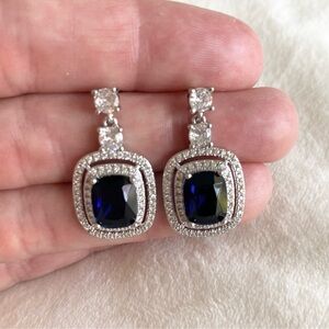 Silver Tone Drop Earrings with Deep Navy Blue Cushion Stones New